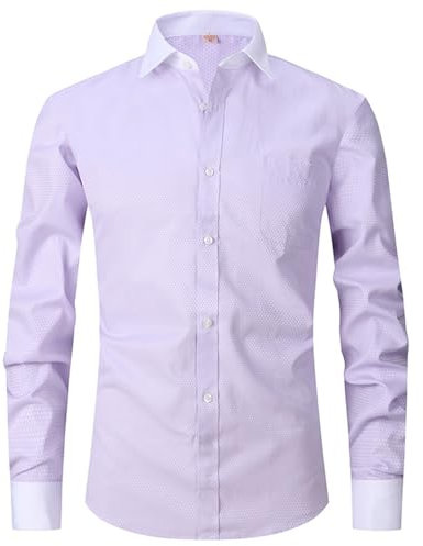 Chemise printanière et française pour homme - Robe d'affaires à manches longues - Couleur unie - Rayures - Robe sergée - Manches courtes, lilas, L