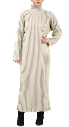 FASHIONISM Womens Ribbed Turtle Neck Knitted Maxi Dress Ladies Funnel High Neck Winter Wear Long Jumper Casual Warm Pullover Dress
