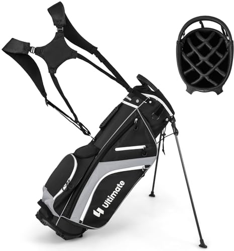 GYMAX Golf-Standtasche tragbar, Golftasche mit 14 Fächern & 6 Taschen, Golftaschenständer mit Regenhaube & Tragegriff, Standbag für Herren & Damen