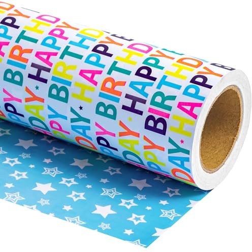 RUSPEPA Vändbart presentpapper för födelsedag - minirulle - 43,2 cm x 10 m - färgglada Grattis på födelsedagen bokstäver för födelsedagsfest babyshower