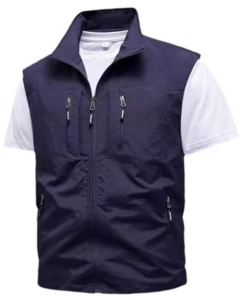 YOSUWOAI Chaleco de pesca fino para hombre, ligero, de secado rápido, sin mangas, transpirable, con muchos bolsillos, para fotografía de safari, O Azul Oscuro, 5XL