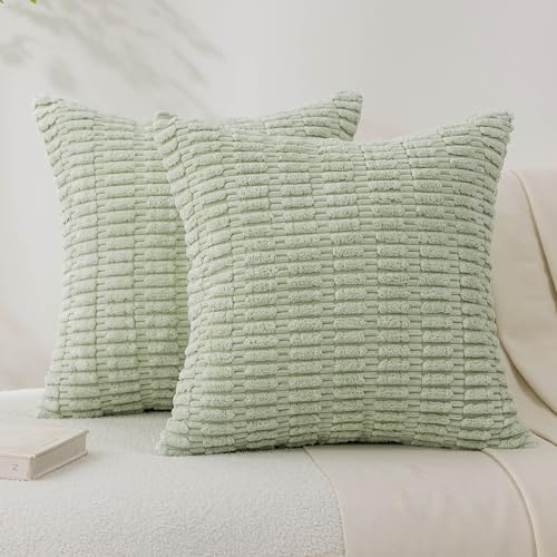 Demetex Sage Green Cushion Covers 45 x 45 Soft Corduroy Cushions Modern Decorative Square Cushion Cases for Couch Sofa Bed Chair, Set of 2, 45x45 cm, Light Green