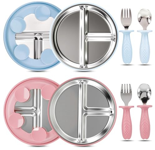 CIGTSICO Baby Teller Mit Saugnapf, für Babys Edelstahl Teller Baby 2 Stück Silikon Kinderteller mit 4 Saugnäpfen, Gabel und rutschfestem Graublau & Hellrosa