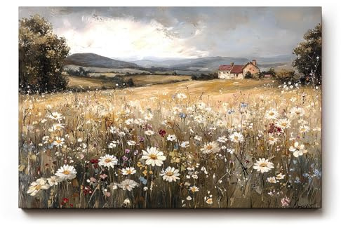 Sinus Art Wandbild 120x80cm Sanftes Naturmotiv mit blühender Wiese, Wildblumen und Bauernhof in weiter Hügellandschaft