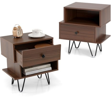 KOMFOTTEU Juego de 2 Mesitas de Noche de Dormitorio, Mesa Auxiliar con Cajón Extraíble y Compartimento Abierto, Mesa Lateral con Patas Metálicas para Salón, 39 x 29 x 47 cm (Nogal)