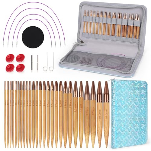 Coopay Rundstricknadeln Set Auswechselbar, 13 Paar Stricknadeln Set Austauschbar, 4 Längen Verstellbar, 3,0-10mm Stricknadeln Rundstricknadel aus Bambus mit Aufbewahrungstasche