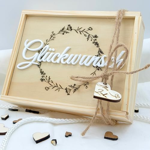 Geldgeschenk Hochzeit – Hochwertige Holz Geschenkbox mit Gravur & weißem Acryl „Glückwunsch“ – Hochzeitsgeschenk Geld mit Herz-Deko & Reagenzglas – Geldgeschenk Geschenkidee zur Hochzeit für Paare