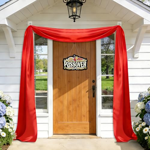Passover Door Decorations, Jewish Decor with Passover Wooden Hanging & 16.4 Ft Crimson Long Window Scarf for David Jewish Festival Holiday, Home Kitchen Dining Room Indoor Outdoor Decor