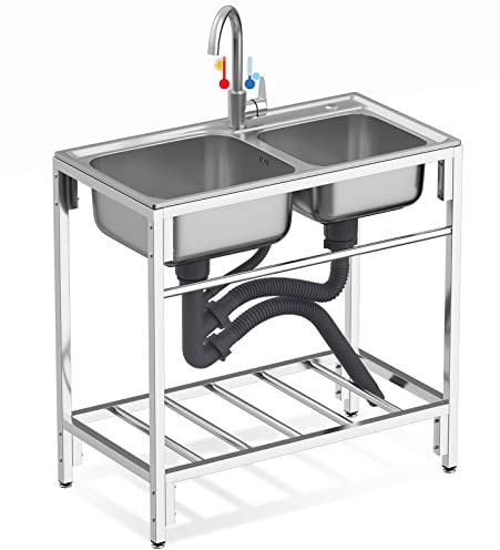 WBJGUOD Lavello da Cucina Commerciale in Acciaio Inox per Esterni, Indipendente, per Lavanderia, Set di Servizi, lavabo per Garage in Giardino, 80 cm di Lunghezza x 85 cm di Altezza