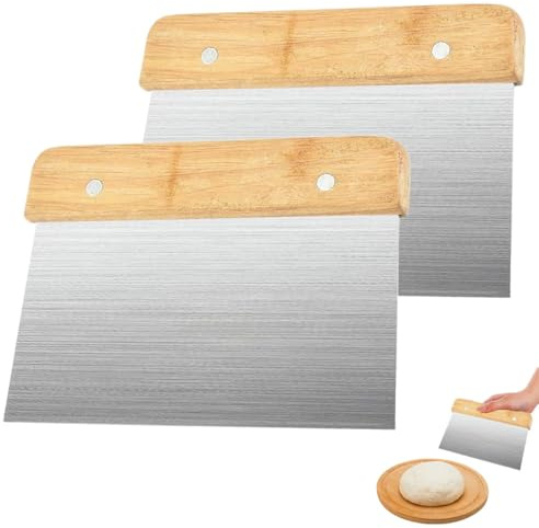 2 Pieces Stainless Steel Bench Scraper with Wooden Handle | Dough Scraper Cutter for Baking,Professional Pastry Scrapers,Dishwasher Safe,Metal Dough Cutter for Pizza,Bread and Cake