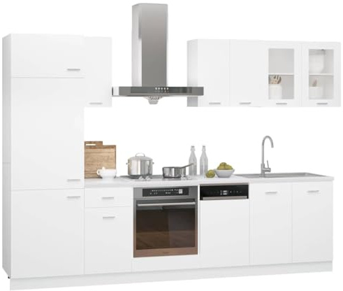 ULUYYUC Lyon 8-TLG. Küchenzeile Weiß Holzwerkstoff 60 x 57 x 207 cm Modernes Stauraumwunder Schrank-Set mit Glasfronten für Singleküche kleine Küche und Arbeitsplatten-Projekte