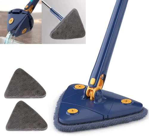 Mocio triangolare a 360 gradi, mocio telescopico triangolare girevole regolabile, mocio multifunzione push pull automatico (blu + 2 pad)