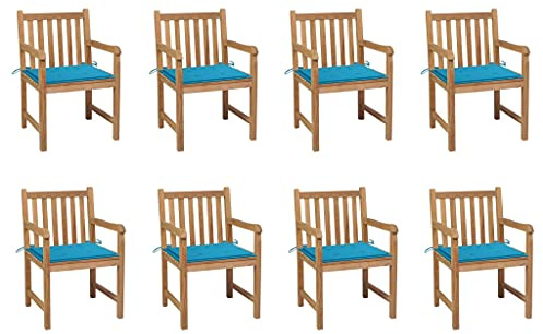 YunCangg Trädgårdsstolar 8 st med blå kudde, massivt trä, teak, väderbeständig, stapelbar med armstöd och ryggstöd för balkong, terrass, utomhus, avslappnad