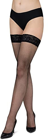 LORES Calze a rete da donna con motivo a maglia di pizzo, calze alte sopra il ginocchio burlesque, Nero , XS/X