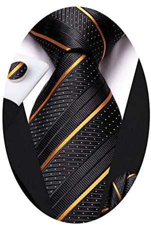 Hi-Tie Mens Plaid Ties Classic Paisley Necktie with Handkerchief Cufflinks Set Business Stripe Tie,Black Orange