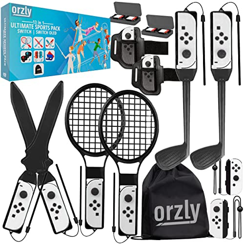 Switch Sports Games 2024 Zubehör-Bundle-Paket für Nintendo Switch und OLED-Tennisschläger, Golfschläger, Chambara-Schwerter, Fußball-Beingurte und Joycon-Griffe-Tragetasche – SOLID BLACK