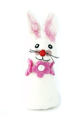 your castle Calentador de huevos de conejo blanco con flores rosas, hecho a mano de fieltro natural, comercio justo, para Pascua o Navidad, aprox. 21 cm de altura