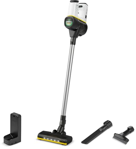 Kärcher Aspirador a batería VC 6 Cordless ourFamily, 2 niveles aspiración, autonomía por carga 30 min aprox., peso 2.8 kg, soporte pared y función de carga, boquilla suelos y ranuras, Blanco
