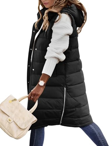 HEEKPEK Womens Puffer Vest Winter Hooded Sleeveless Zip Up Long Puffy Jacket Warm Thick Quilted Coats with Pockets(Black,L)