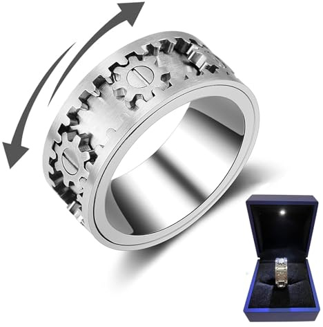 Anneaux d'engrenage rotatifs pour Hommes Qui tournent,Bague Fidget Spinner Steampunk Gear,Soulager Le Stress et l'anxiété Fidget Toys avec Belle boîte-Cadeau,13
