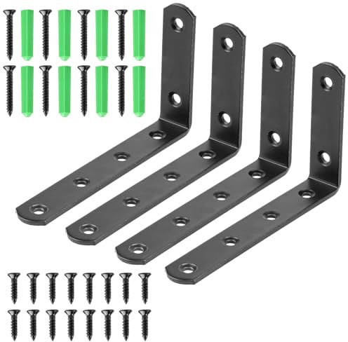 4 Pcs Shelf Brackets, L Shaped Metal Brackets, Right Angle Corner Brace Bracket, Wall Support Brackets, Joint Bracket Fastener with Screw and Anchors for Shelves, Wood, Furniture, Cabinet(Black)