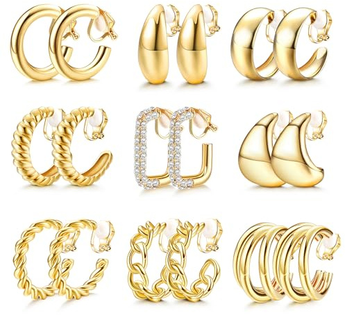 JeweBella 9Pairs Clip on Earrings Women Hypoallergenic Non Pierced Clips Earrings Silver Gold Chunky Clip on Hoop Earrings Fake Hoops Earring Set for Women Jewelry Gift