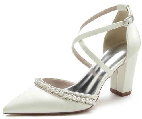 MINITOO MY027 Chaussures de mariée élégantes à lanières avec Perles pour Femme, My027 Ivoire 8 Talon 5 cm, 38.5 EU