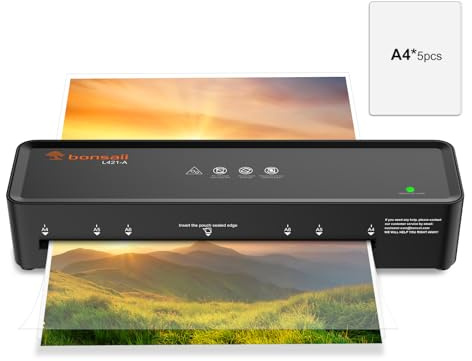 Bonsaii A4 Laminator Machine with 5 Laminating Sheets, 80-100mic Compatible, Compact & Portable Design, ABS Jam Release laminator for Home & Office Use, Black (L421-A)
