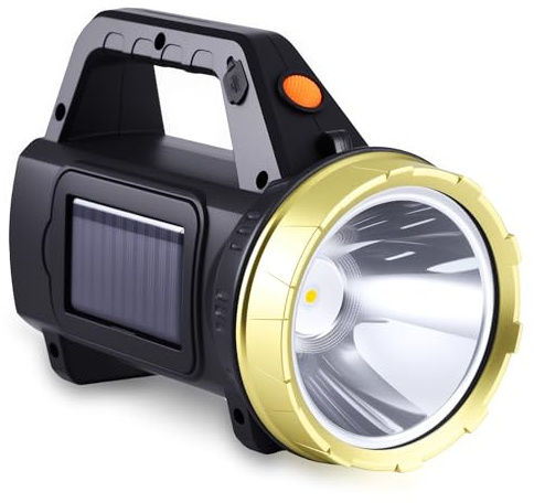 PCXWTLN Rechargeable LED Torch with Side Light, Solar Powered Flashlight + USB Charging, Heavy Duty Handheld Searchlight with 1200mah, IP6 Waterproof Outdoor Searchlight 3 Modes Portable Lightweight