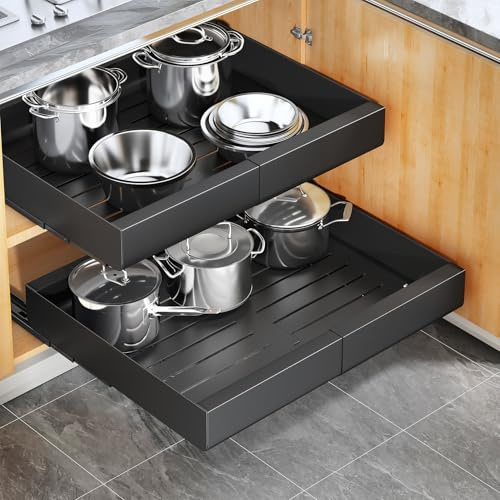 Kitstorack 2x Teleskopschublade mit 3 Führungsschienen - Ausziehbare Schublade für Küche, Bad, Schrank - Montage mit Nanoklebeband oder Schrauben (43x30-50x5,8 cm, Schwarz)