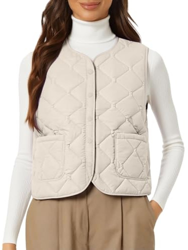 PODOLIXIA Gilet trapuntato da donna, leggero, corto, con scollo a V, senza maniche, tinta unita, casual, elegante, caldo, imbottito, con tasche, beige., M