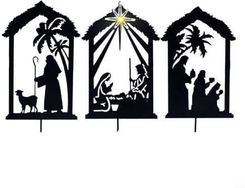 Lawnoval Nativity Shadow Stakes Yard Sign Black Iron Silhouette Decor for Outdoor Garden or Lawn Christmas Scene Display(C)