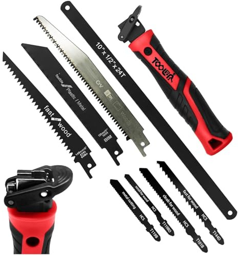 Magicbox Scie à Main Scie à Métaux Set 8 en 1 Rouge avec Système de Changement Rapide, 8 Lames pour Bois, Métal, PVC, Autobloquantes et Ergonomiques, Petites Lames de Scie à Arceau pour DIY Ménage