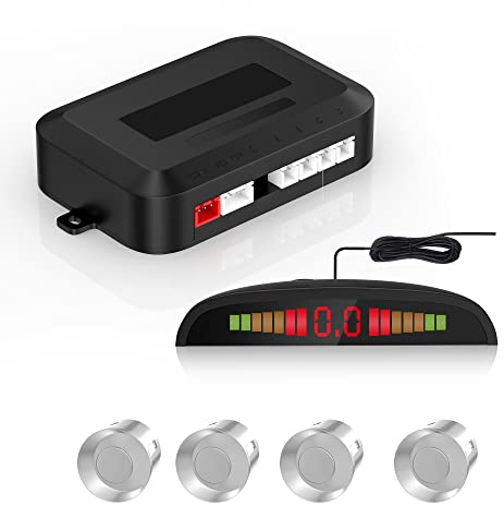 EKYLIN Car Auto Vehicle Reverse Backup Radar System with 4 Parking Sensors Distance Detection + LED Distance Display + Sound Warning (Silver Color)