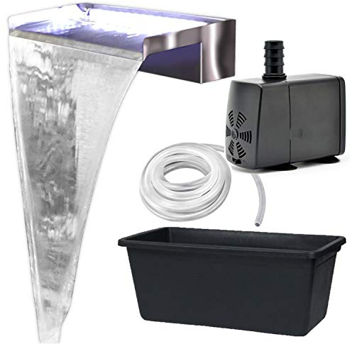 Köhko Wasserfall-Set Akaka (Länge 30 cm) aus Edelstahl matt 24303 - Komplett-Set inkl. Pumpe und Becken (65 Liter) Einbauhöhe bis ca. 45 cm Auqafall