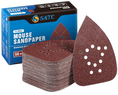 S SATC Mouse Detail Sander Sandpaper 50 PCS Mouse Sanding Pads 12 Hole Mouse Sandpaper Assorted 60/80/120/150/220 Grits