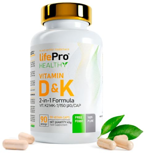 Life Pro Vitamina D3 + K2 MK7 90 Capsulas, Vitamina D y Vitamina K2 en Alta Dosis para Huesos Fuertes, Músculos y Sistema Inmunológico, Cápsulas Veganas sin Aditivos, Calidad Garantizada