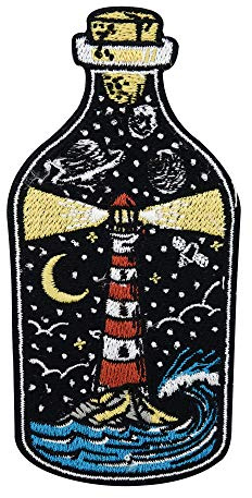 Finally Home Leuchtturm in der Flasche Patch zum Aufbügeln | Meer Patches, Mond Sterne Bügelflicken, Welle Flicken, Planeten Aufnäher