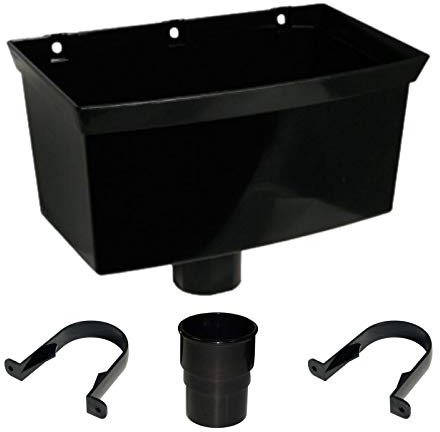 FLOPLAST Black 68mm Round Universal Gutter Hopper | 68mm Round Gutter Pipe Socket | 68mm Round Gutter Pipe Clip x 2 Bundle