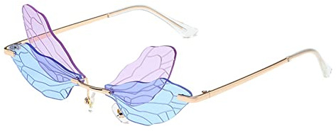 RUNHUIS Randlose Dragonfly Sonnenbrille Vintage Retro Flügel geformt Schmetterling Feenhafte Schatten Brille Fashion Party Brillen für Damen Herren (Blau-lila)