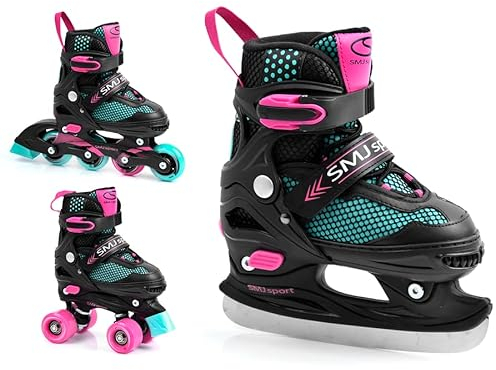 SMJ Kinder Mädchen Set 3in1 Inliner/Rollschuhe/Schlittschuhe VERSTELLBAR | ABEC5 Inline Skates | Umbaubar zu Eislaufschuhe (27-30)
