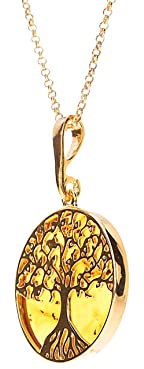 Artisana-Schmuck Elegante ciondolo a forma di albero della vita (senza catena), incastonato in argento sterling 925/000 placcato oro, Argento Sterling 925/000 placcato oro Ambra baltica, Ambra