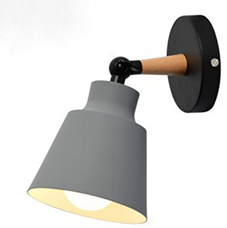 Mengjay E27 Wandleuchte Skandinavisch Makaron Holz für Schlafzimmer Deko | 180° drehbarer Lampenkopf; matte Metallabschirmung mit Holzmaserung; passend für Flur Studie Diele; einfache Wandmontage