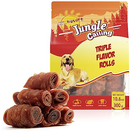 Jungle Calling Triple Flavor Rolls Dog Treats, Made with Real Chicken Duck Beef Meat, Rawhide Free Dogs Snacks,Healthy, Easily Digestible, and High Protein Treat, 10.6 oz