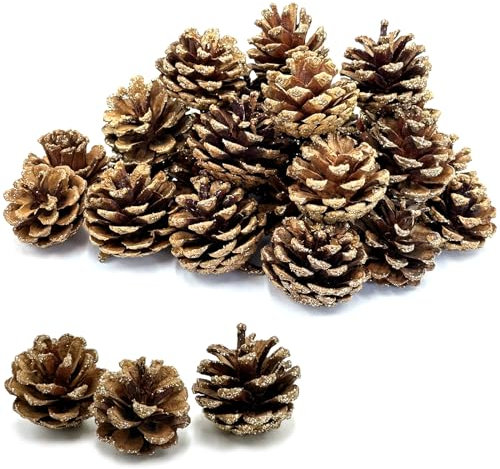 Pextian 30Pcs Golden Natural Pine Cones Bulk, Christmas Pinecones Decorations Pinecones for Decoration Garland Halloween Thanksgiving Christmas Pine Tree Decor Pinecones Ornaments Vase Fillers