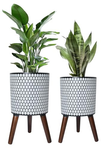 fuxuiwy Pot de fleurs géométrique moderne avec pieds avec support en bois pour plantes du milieu du siècle - Pour plantation et décoration d'intérieur et d'extérieur (noir nid d'abeille, 25,4 cm et