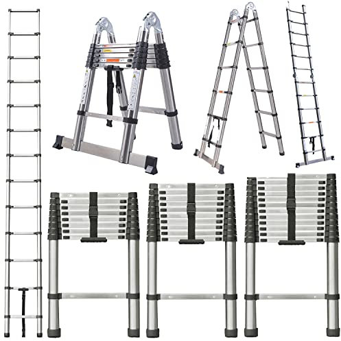 Échelle Télescopique 3,8m en Acier, Bricolage Escabeau Telescopique Pliable Extensible, Échelle Multifonction Ladder - Charge maximale : 150 kg