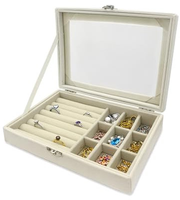 FuninCrea Terciopelo Joyeros Mujer Organizador con Tapa de Cristal Transparente, 9 Ranuras para Anillas Caja Joyero Organizador Joyas Expositor Joyero Anillos para Anillos Collares Pendientes