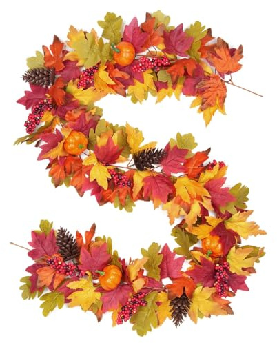 Artificial Autumn Maple Leaf Garland Hanging Vines, 5.9ft Fall Leaf Garland | Pumpkin Autumn Foliage Garland with Hooks, Autumn Thanksgiving Halloween Decoration for Home Garden Wall Fireplace Table