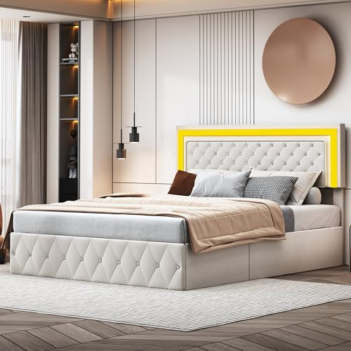BPKADHY Polsterbett Doppelbett 140x200 cm, Led Doppelbett mit Stauraum Bett mit Lattenrost Samt Bettgestell mit Kopfteil und Lattenrost Stauraumbett Funktionsbett (Beige, 140 x 200cm)